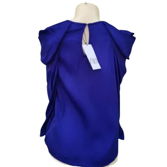 Zara Satin Effect Pleated Puff Shoulder Glossy  Blouse | XS | Royal Blue/Purple - Picture 6 of 16